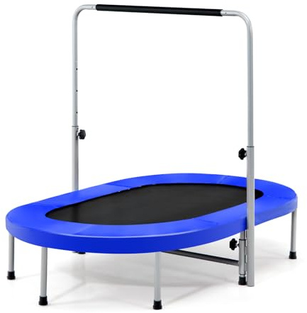 GYMAX Rebounder Trampoline for Adults, 60” Foldable Mini Kids Trampoline Indoor with 5-Level Height Adjustable Handle & Non-Slip Pads, Easy Assembly for Fitness Workout, Max Load 330lbs (Blue)