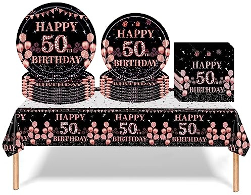 53Pcs Black Rose Gold 50th Happy Birthday Party Tableware Decorations for Her Plastic Table Cloth,7,9inch Paper Plates,Napkins for Women Birthday Table Party Tableware Set for Girls Women Adults