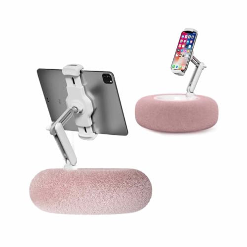 Duvetset Tablet Stand with Pillow, Kindle Holder, Compatible with 4.7-13 Phone/Tablet, iPad, iPhone, Google, Kindle, 360°Adjustable Phone Holder for Bed with Soft Plush Fabric, Detachable Bowl, Pink