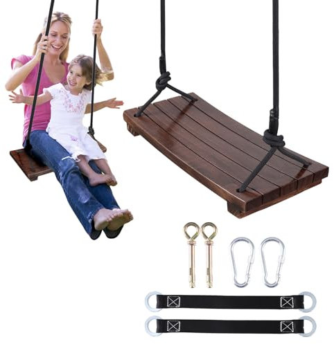 PELLOR Holzschaukelsitz, Antikorrosive Holzschaukel Baumschaukeln für Erwachsene Kinder, Garten Schaukel Baumschaukelstuhl für Innen und Außenbereich mit Einstellbares Seil belastbar bis 250kg