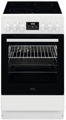 AEG Standherd mit Glaskeramik-Kochfeld, 50cm, A, 1 Paar Teleskopschienen, Bräterzone, Mehrkreiskochzone, Versenkknebel, Grillfunktion, Display mit Uhr, Weiß, CCB544OCBW