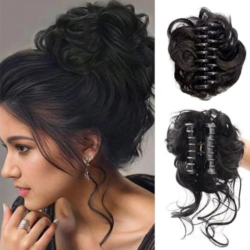 FDEETY Chignon Postiche Cheveux Synthétique Perruque Tousled Updo Désordonné Extension Naturel Queue de Cheval Postiche Synthétique pour Les Femmes(Noir)