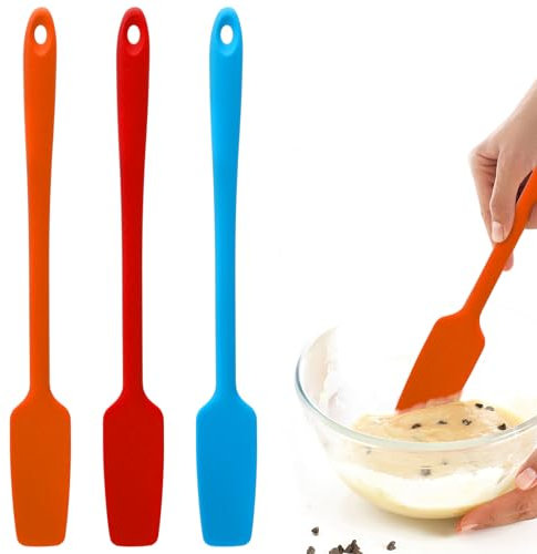 APOMOONS 3 pezzi Raschietto per Impasto Spatola in Silicone Manico Lungo Cucina Cucchiaio in Silicone Spatola per Piccolo per Cucinare Cuocere Mescolare (Rosso Arancione Blu)