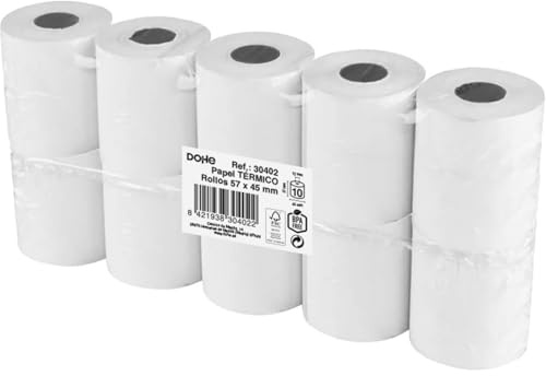 Dohe Termiska pappersrullar 57 x 45 mm (10 st.) - Kärna ⌀ 12 mm, längd 14,5 m, biljetter för datafon, POS, kassaregister, POS- och EPOS-skrivare, tjocklek 60 gr/m², BPA-fri