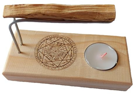 YA-DECOREGALOS Quemador para Palo Santo/inciesos/Atados Hecho a Mano artesanalmente, Simbolo de los 7 Arcangeles, Base de Madera Varillas metalicas, Palo Santo y Vela incluidos
