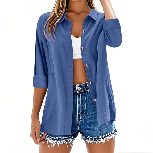 Camisetas de manga larga para mujer, estilo casual, botones, algodón y lino, color liso, camisetas de verano, cuello en V, con mangas enrolladas, blusas sueltas y de gran tamaño, ligeras, elegantes