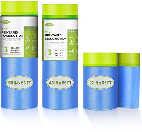 SARDVISA Pre-Taped Masking Film for Painting, 59/43/ 22 in * 66 FT, 3-Rolls Painters Plastic Sheeting with Widened Paint Tape and Drape for Covering Walls, Windows, Cars & Furniture Protection