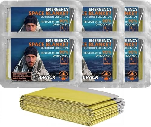 Oture Lot de 6 couvertures thermiques de survie d'urgence en Mylar pour garder le corps au chaud, plein air, randonnée, équipement de camping, voyage (doré)