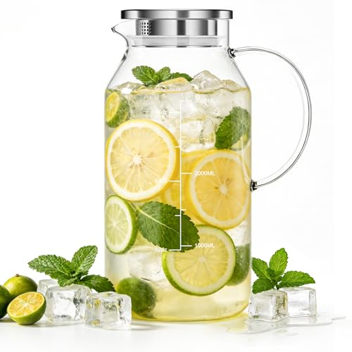 Aofmee Water Jug with Lid, 3.8L 128oz Glass Jug with Lid, Leak Proof Sangria Jugs, Borosilicate Glass Pitcher, Carafe for Ice Tea, Hot Cold Water, Wine, Coffee, Milk & Juice Beverage