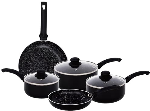 Gr8 Home Aluminium 8 Piece Marble Stone Effect Non Stick Cookware Set Ceramic Induction Frying Pan Saucepan with Lid Cooking Kitchenware (Black)