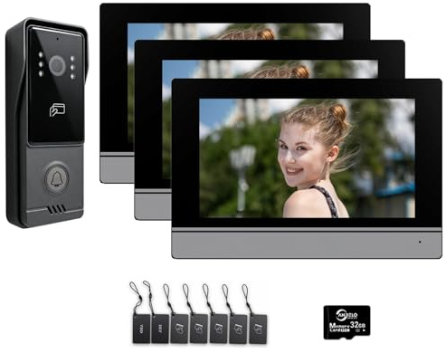 Sistema de videoportero de 4 cables para viviendas unifamiliares, cámara videoportero con monitor WiFi de 7 pulgadas, audio bidireccional, fácil instalación (1 campana + 3 monitor)