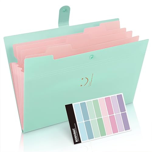 KONVINIT Fächermappe a4,Dokumentenmappe erweiterbar Ordnungsmappe mit 5 Tasche Große Kapazität Aktenordner mit Druckknopf,Datei Organizer,Mappen Ordnersystem,grün