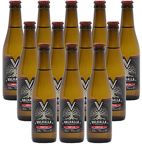 Valhalla Hidromiel Caja de 12 botellines de Hidromiel Freyja | Bebida Ecológica, Aromas a Frutos Rojos, Grosella y Cereza, Sabor a Frutas del Bosque, Ligero y Fresco, Botellines de 33 cl