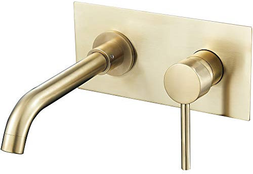 VALAZ Robinet Salle Bain Mural | Mitigeur Lavabo, Mélangeur Eau Froide et Chaude, Pas de Fuites, Installation Facile | Laiton, Inoxydable, Doré Brossé Protection PVD, Rond, Bec 21 cm, Série Jucar