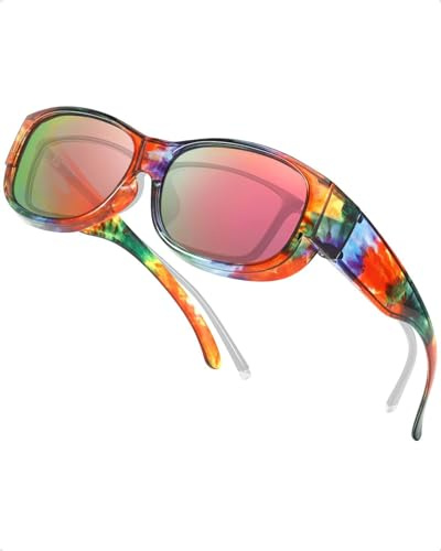 SIPHEW Sonnenbrillen Überziehbrille UV400 Schutz, Fit-Over Brille Überzieh Sonnenbrillen Clip für brillenträger Damen Herren (Überzieh Sonnenbrille- Regenbogen Rahmen, rosa Linse)