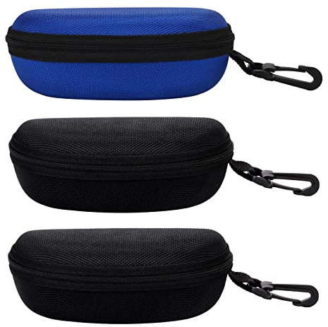 molshine 3 pièces étui à lunettes de soleil à coque rigide portable, étui à lunettes à fermeture éclair avec crochet pour femmes hommes voyage sport (2 x Noir&Bleu)