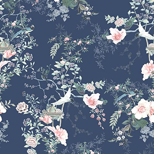 Muriva Lipsy Ophelia Wallpaper - Modern Wallpaper for Living Room, Bedroom, Fireplace - Decorative Luxury Nature Wall Paper with Birds & Cherry Blossom Trails (Soft Pink & Navy Blue), Blue,navy