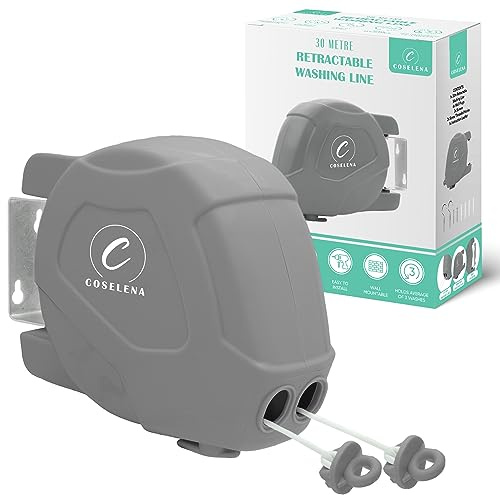 Coselena 30m Retractable Washing Line – Heavy-Duty Twin Clothes Line with Hook – Extendable Non-Slip Clothes Dryer for Indoor & Outdoor Use – Grey