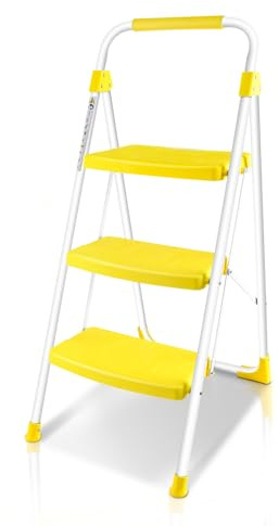 TOOLITIN 3 Step Ladder, Folding Step Stool with Wide Anti-Slip Pedal, 500lbs Sturdy Steel Ladder, Convenient Handgrip, Lightweight, Portable Steel Step Stool for Household, Kitchen, Office, Yellow