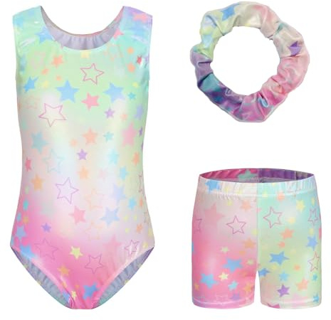 Sinoeem Maillot de gimnasia para niñas, manga larga/sin mangas, ropa de danza, ballet, pantalones cortos deportivos y diadema de colores brillantes para niñas de 5 a 12 años, B131_Color_Star, Tag