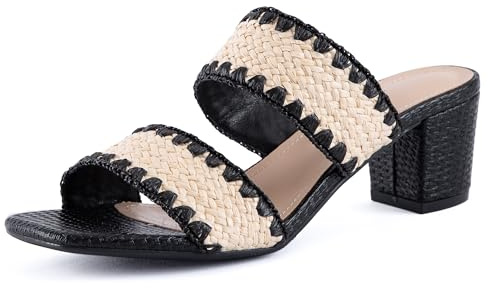 N.N.G Women Heels Sandals Braided Block Nude Summer Chunky Square Leather Woven Comfort Strappy Dress Casual Pumps Mules, Black Straw, 5 UK