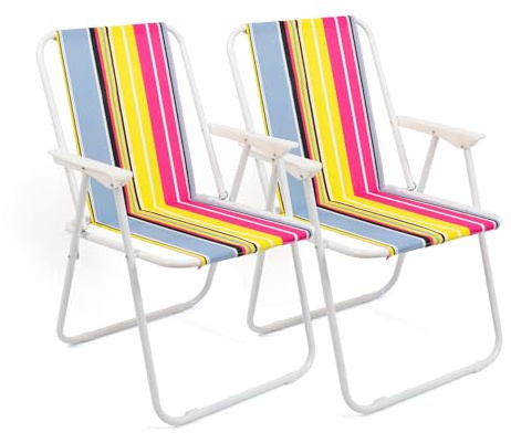 The Secret Home Pack 2 Sillas de Playa Plegables y Ligeras de Metal y Poliéster | Silla de Exterior para Camping, Jardín y Terraza | Estructura Resistente con Rayas Multicolor | Asiento Portátil