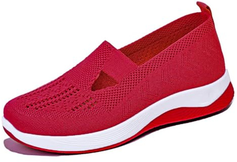 Women's Woven Orthopedic Breathable Soft Sole Shoes Walking Slip on Shoes Hands Free Slip in Casual Sneakers Arch Support Stretch Shoes Red