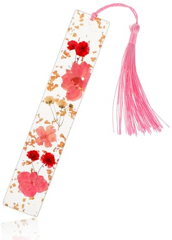 Gepresste Blumen Lesezeichen, Harz Personalisiert Seitenmarkierung mit Quasten Natürliche Getrocknete Blume Lesezeichen Geschenke für Leser Lehrer Studenten Festival (Rosa)