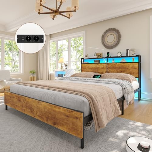 Brinlawb Cadre de Lit 120x200cm en métal avec tête de lit de Rangement et Éclairage LED & Multiprise Intégrée(2 Prises CA, 2 Ports USB) Cadre de Lit 120x200 avec sommier à Lattes, Marron Vintage Noir