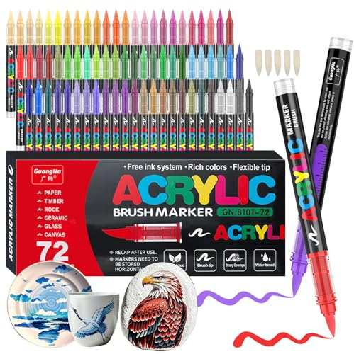 Gelanty Feutre Acrylique, 72 couleurs Acrylic Paint Marker avec embout pinceau flexible, liquide direct Acrylic Brush Marker feutres coloriage pour la peinture sur roche, céramique, bois, verre