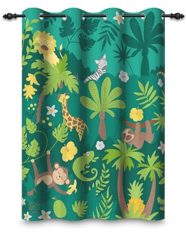 ggaimwf 135x175cm Cortina Ojales Animales Dibujos Animados para Dormitorio Infantil Bosque Verde Tropical Colorido Zoológico Ojales Opacas Ventanas para habitación niño Sala Estar,1 Panel Individual