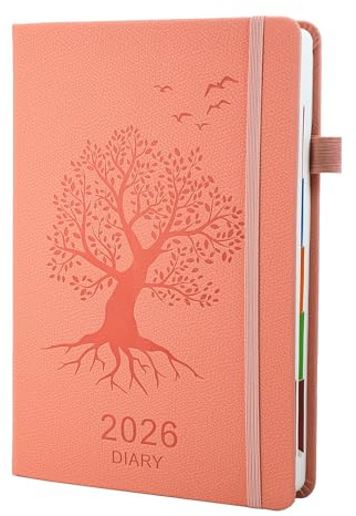 A5-dagbok 2026 sida-dag, dagbok, produktivitetsplanerare januari 2026 till december 2026 med månadsflik, 3 bokmärken och färgglada sidopaneler, 15 x 21,6 cm (rosa
