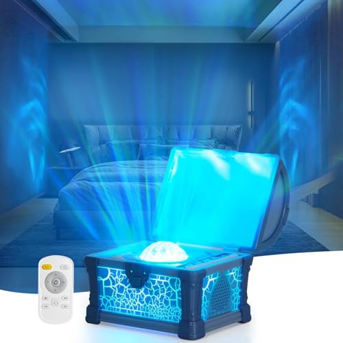 Proyector Estrellas Galaxia Cofre del Tesoro, Proyector Techo Aurora Boreal Luz Nocturna con Ruido Blanco, Altavoz, Minutero y Control Remoto para Dormitorio Gaming Infantil Adultos Regalo, Azul