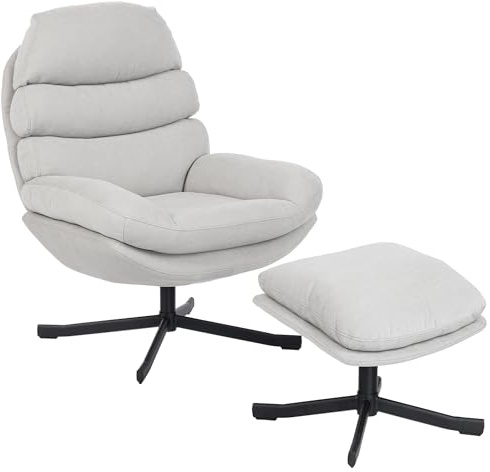 HOMCOM Relaxsessel mit Hocker Sessel Loungesessel mit Chenille-Optik breiter Sitzfläche Drehbar Polstersessel Armlehnensessel für Wohnzimmer, Schlafzimmer, Cremeweiß