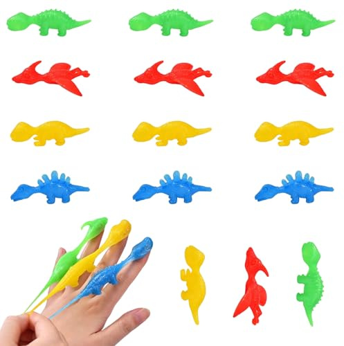 RVYEIOP 15 Pezzi Dinosauri Fionda Marionette da Dita, Giocattoli Elastici Antistress per Bambini, Mini Dinosauri Appiccicosi Gadget Compleanno, Regalini Pasquali e Fine Festa, Colori Casuali