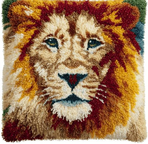 Kitquiver Kit Cuscino Con Gancio Di Chiusura,Leone Latch Hook Kit Cuscino Fai Da Te Fatto A Mano All'Uncinetto Ricamo,43X43Cm