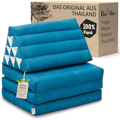 livasia Thaikissen 3 Auflagen einfarbig - 175x50x8cm - Dreieckskissen Klappmatratze, Keilkissen Kapok, Rückenkissen faltbar, Thaimatte Klappen, handgefertigt, Meditationskissen (Hellblau Uni)