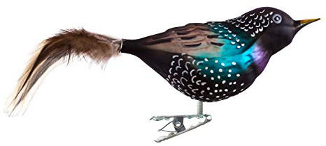 Birds of Glass® Glasfågel, stjärna med naturfjäder, glasprydnad tillverkad i Tyskland från vår egen produktion, dekoration fågel med klämma, glasfågel, äkta lövfällare julgransprydnad, för inomhusbruk