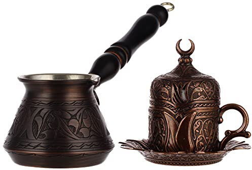 DEMMEX 6-teiliges türkisches griechisches Kaffeeservice für 1 Person, mit graviertem Kupfertopf und robustem Tasse, Untertasse, Deckel und Löffel (antikes Kupfer)