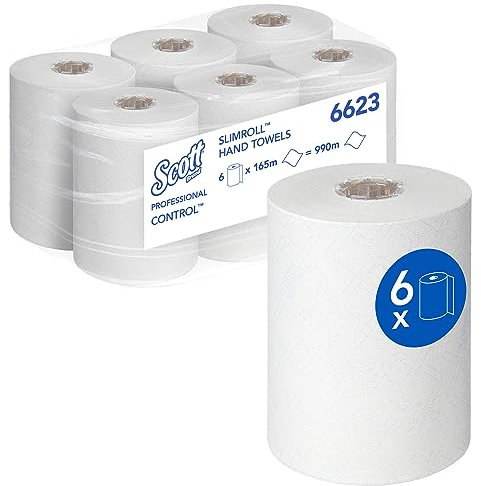 Scott® Control™ Slimroll™ Rollenhandtücher 6623, 1-lagige weiße Einweg-Handtücher, mit Airflex Technologie und EU Ecolabel Zertifizierung, 6 Papiertuchrollen x 165 m (insg. 990 m)