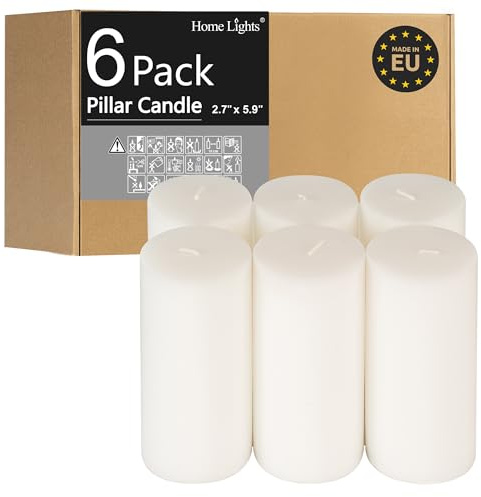 HomeLights Pillar Candles - 2.7x6 inch | 60 Hours Burning, 6 Count - White Unscented Smokeless European Pillar Candles - Perfect for Wedding, Parties, Spas, Home Gatherings and Dinner