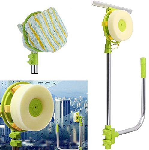 U-Type Safety Window Cleaner High-Rise Indoor/Outdoor Glass Cleaning Window with 2-in-1 Squeegee & Sponge Head, Telescopic Pole Window Cleaner Tool Kit Adjustable Handle Brush Wiper - Sliver & Green