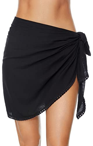 Lecieldusoir Women's Sarong Coverups Short Bathing Suit Wrap Skirt Beach Wrap Swimsuit Cover Ups with Tassels (Black, Large)