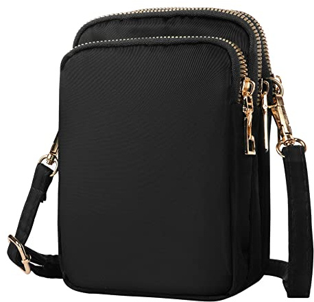 Lollanda Crossbody telefonväskor för kvinnor, nylon mobiltelefonväskor för kvinnor med justerbar axelrem, mini 3 lager dragkedja handväska plånbok för kvinnor och damer, Svart, en storlek