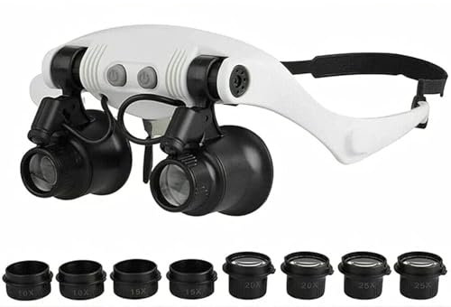 Lupenbrille 10X 15X 20X 25X Vergrößerung Lupe Brillenlupe mit 2 x LED Licht Kopfbandlupe Vergrößerungsglas Lupe für Juwelier Uhrmacher und Feinmechanische Reparaturen