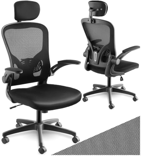 tectake® Sedia da Ufficio Ergonomica, Schienale Alto con Poggiatesta Regolabile, Sedia Ufficio con Supporto Lombare, Altezza Regolabile, Braccioli Pieghevoli, Rivestimento in Tessuto a Rete - Nero