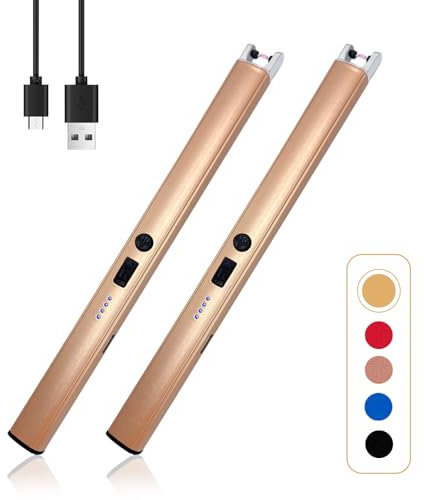 2 PCS Candle Lighter,Windproof Flameless Electric Lighter with LED Power Display ＆ Safety Switch, Upgraded Plasma USB Rechargeable Lighters for Birthday Camping BBQ (Champagne Gold)