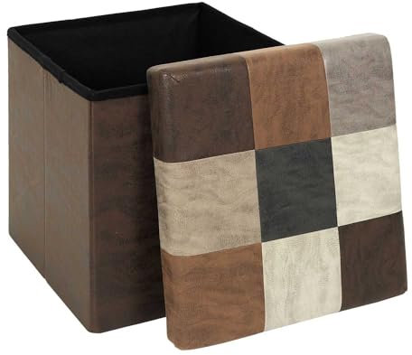 HOME DECO FACTORY, HD7665, Coffre Pouf Pliable Patchwork PU M4, Bistrot Indus, Mobilier, Assise, Coffre et Banc Pliable, 38x38x38 cm, Hauteur Assise 38 cm, Marron