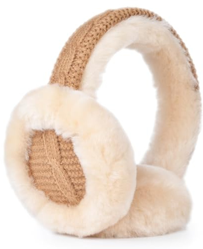 Harssidanzar Womens Winter Earmuffs , Sheepskin, Foldable, Outdoor Earwarmer HL303US, Camel