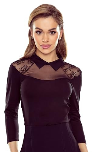 Selente #Fashionista damer förförisk topp/skjorta/blus med spets och transparent nät (tillverkad i EU), Blus spets 3/4-ärm svart, M